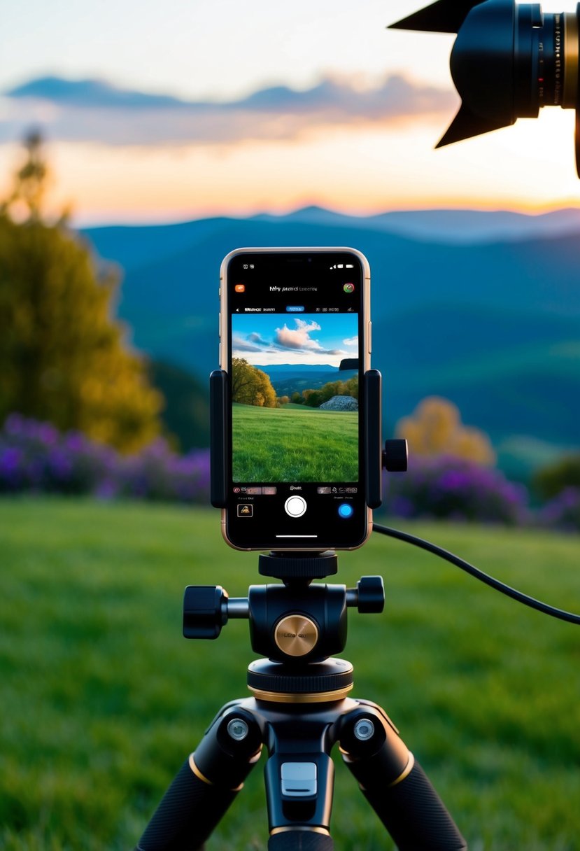 A sleek iPhone positioned on a tripod, capturing a stunning landscape with professional lighting and a variety of lenses attached