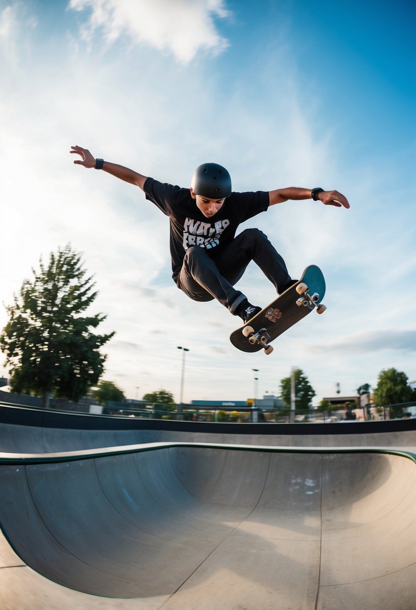 A skateboarder performing a mid-air trick in a skate park, captured in burst mode to show the fluid motion and dynamic energy