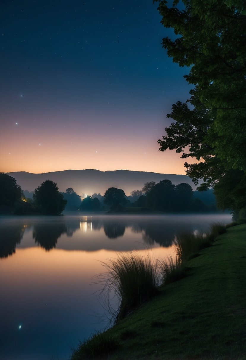 A serene nighttime landscape with soft, warm lighting and subtle shadows, showcasing the beauty of low-light photography using Night Mode on an iPhone