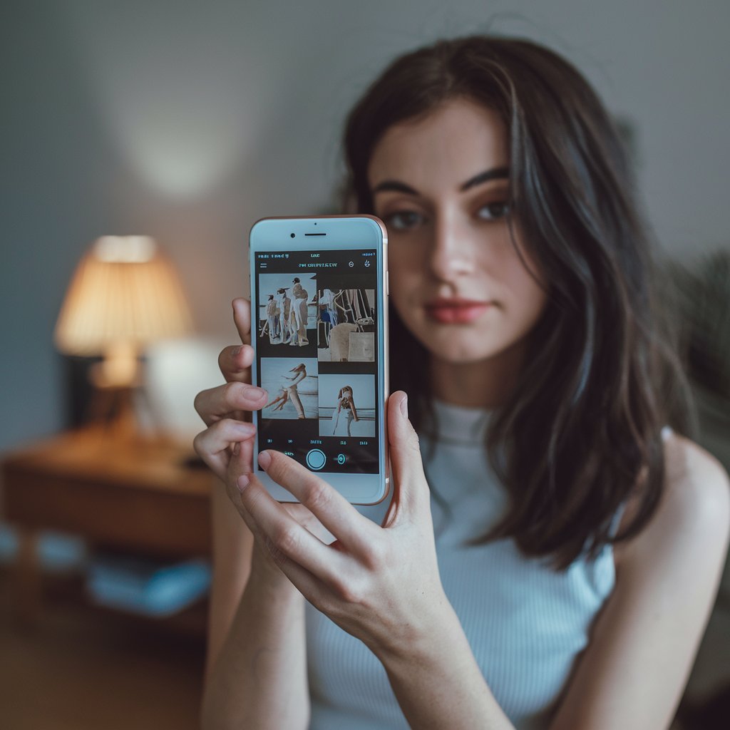 A young woman holding up an iPhone displaying a photo editing app with multiple images on the screen, demonstrating how to edit iPhone pictures using professional tools for vibrant and polished results.