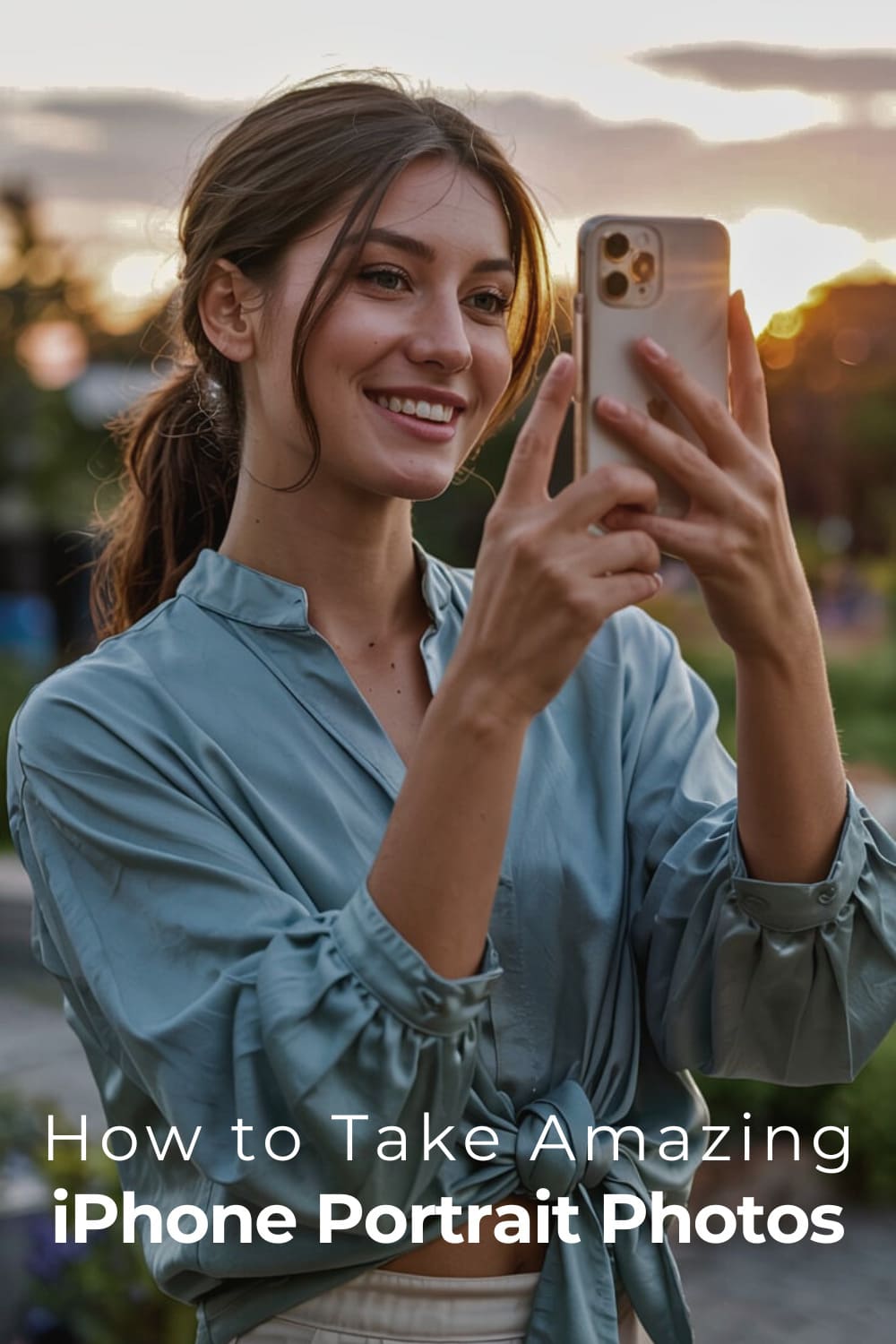 Smiling woman using iPhone at golden hour outdoors, capturing iPhone portrait photography techniques in action.