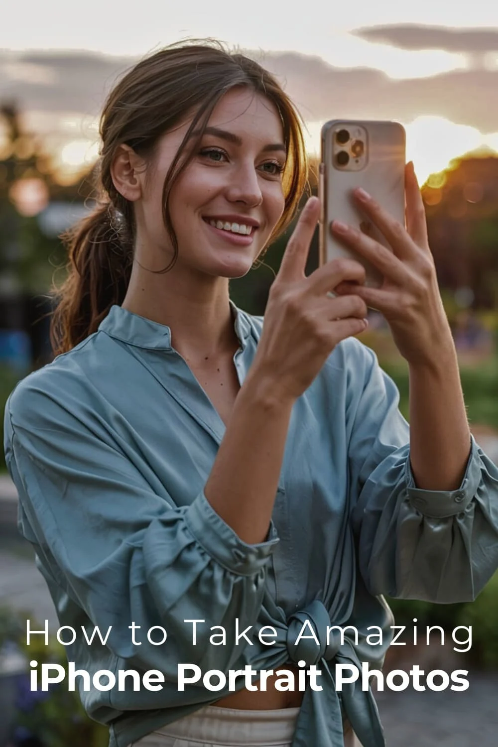 Smiling woman using iPhone at golden hour outdoors, capturing iPhone portrait photography techniques in action.