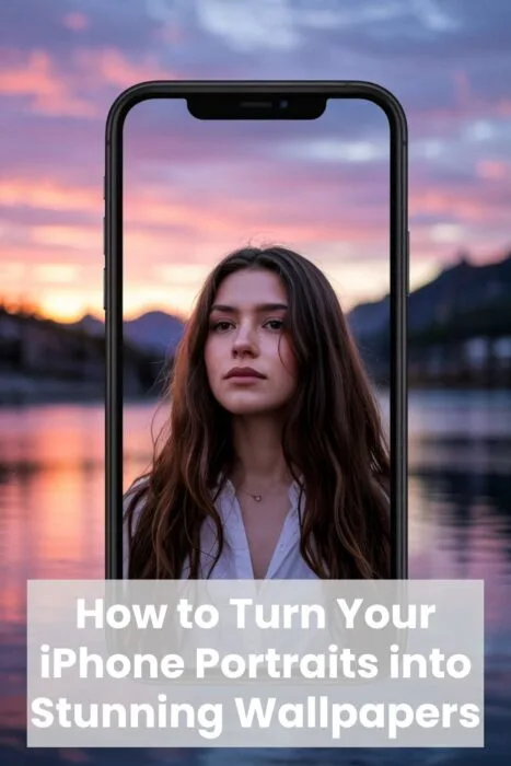 Portrait of a young woman framed in a phone screen during sunset, perfect example of turning iPhone portraits into wallpapers.
