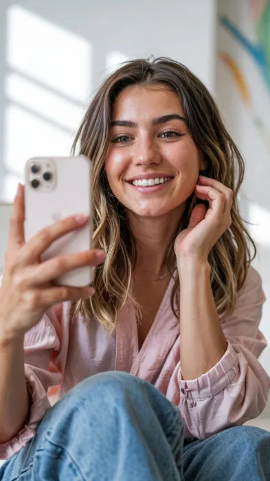 Woman in bright indoor light taking a confident selfie with iPhone, ideal for showcasing selfie posing tips iPhone style.