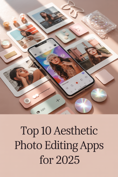 Flat lay of a smartphone displaying a portrait editing app, surrounded by printed aesthetic portrait photos, pastel editing icons, and decorative elements on a pink background. Text overlay reads “Top 10 Aesthetic Photo Editing Apps for 2025.”