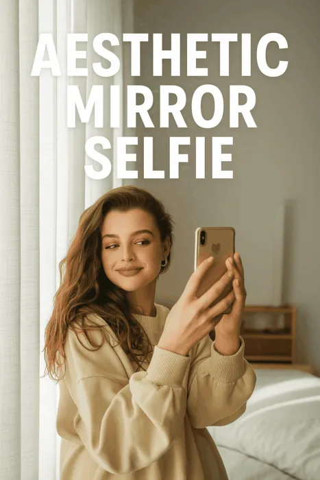 A young woman taking an aesthetic mirror selfie in natural lighting, wearing a neutral-toned sweater, with soft curtains and cozy bedroom decor in the background.