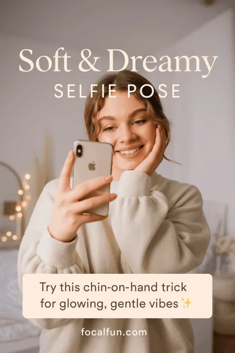 Young woman taking a cute mirror selfie in a pastel-toned bedroom, wearing an oversized sweater with soft natural light and fairy lights in the background.