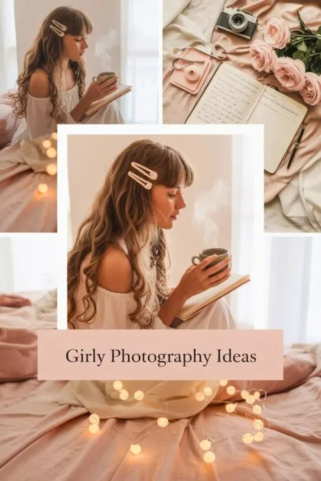 Aesthetic collage showing multiple girly photography poses &mdash; including sitting, walking, and close-up shots &mdash; styled in soft blush and cream tones.