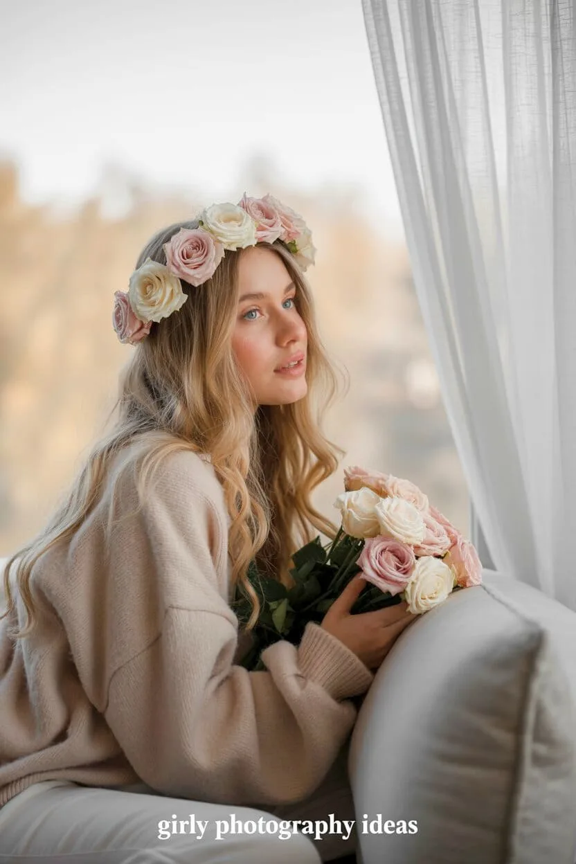 Aesthetic girly photography shot of a young woman wearing a blush rose flower crown, holding pastel roses, and gazing softly out a window.