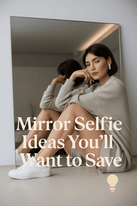 A young woman sits in front of a mirror wearing a cozy beige sweater and white sneakers, capturing an aesthetic mirror selfie in natural lighting.