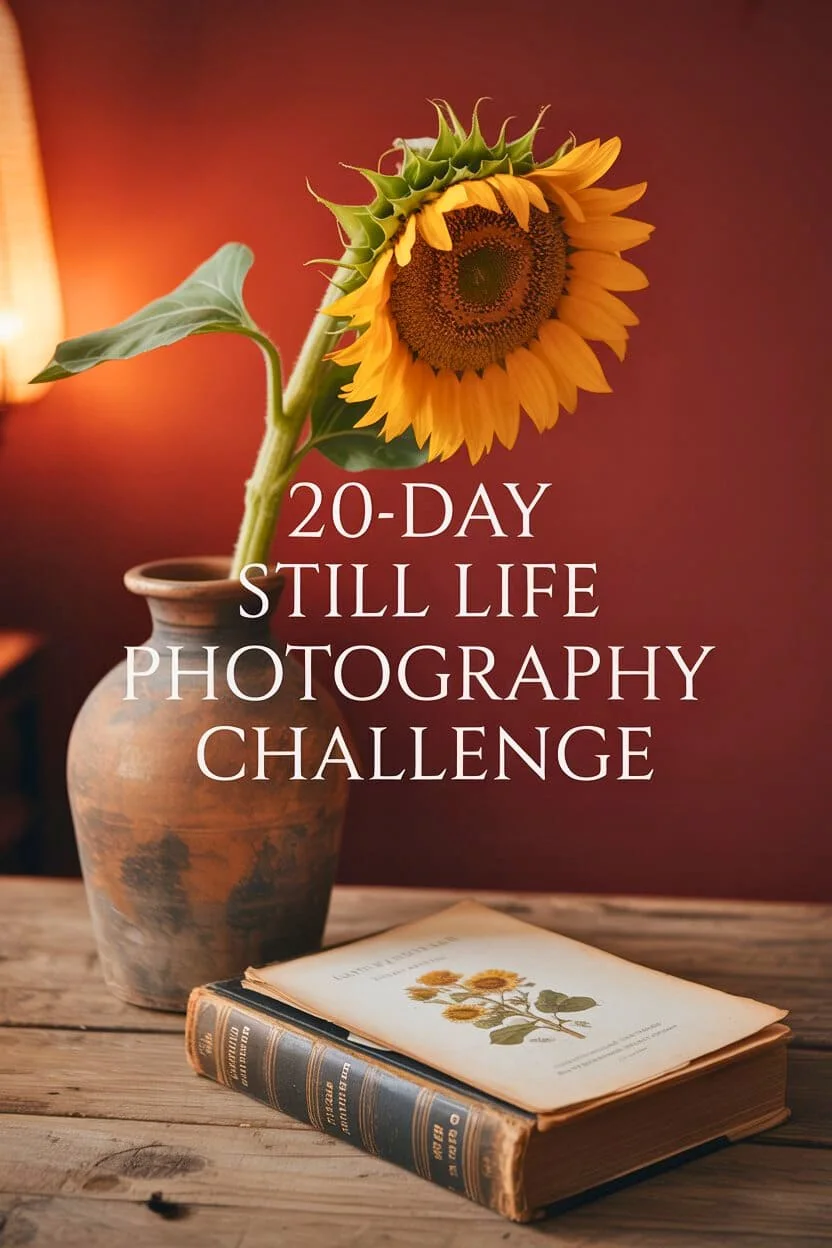 Still life scene with a sunflower in a rustic clay vase beside an old book on a wooden table, with moody warm lighting and text overlay reading &ldquo;20-Day Still Life Photography Challenge.&rdquo;