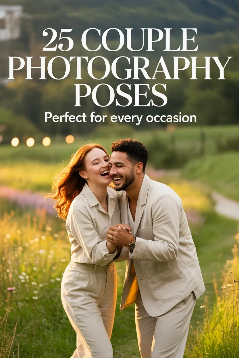 Smiling couple in neutral-toned outfits holding hands outdoors at golden hour, showcasing one of 25 romantic couple photography poses perfect for any occasion.