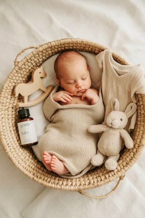 Newborn baby in a basket with neutral knit wrap, styled with bunny toy and skincare product for natural baby product photography.