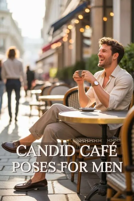 Candid outdoor photo of a stylish man laughing while holding a coffee cup at a caf&eacute; table in warm natural light, wearing a dress shirt and watch.
