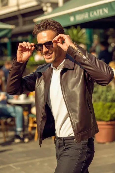 A stylish man sliding on sunglasses outdoors, wearing a leather jacket and white shirt during golden hour.