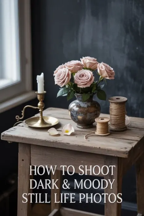 Dark and moody still life photography scene with muted pink roses in a rustic vase, vintage brass candlestick, twine spools, and soft shadows on a wooden table against a dark textured background.