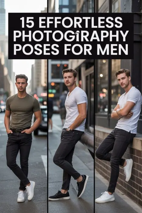 Collage of three stylish young men demonstrating effortless photography poses in an urban street setting. Each wears casual modern outfits and stands in natural, confident poses &mdash; perfect inspiration for men&rsquo;s photoshoots.