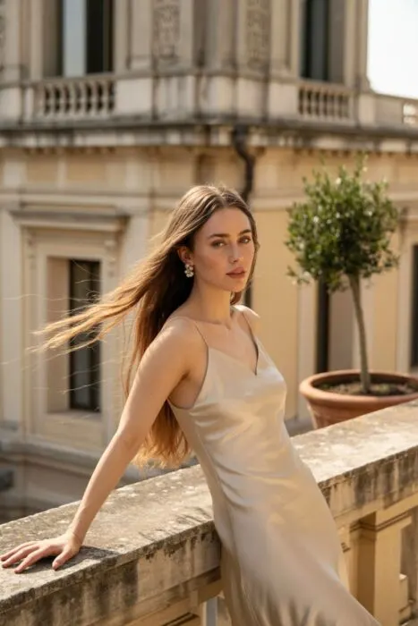 A stylish woman in a champagne satin slip dress poses gracefully on a sunlit balcony, exuding elegance and glamour.