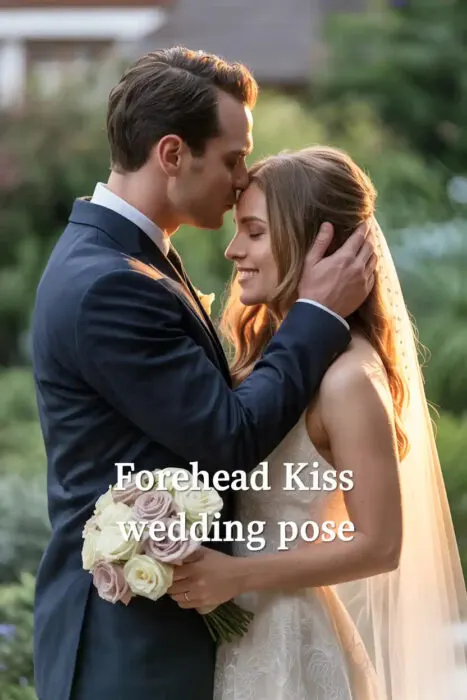 Groom in navy suit gently kissing bride&rsquo;s forehead at golden hour, bride smiling with eyes closed while holding a bouquet of blush and white roses, text overlay reading &ldquo;Forehead Kiss Wedding Pose.&rdquo;