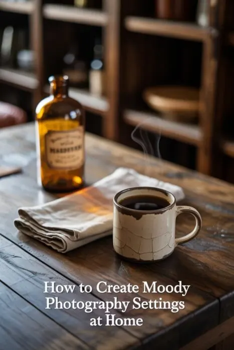 Moody photography setting at home with coffee mug, rustic wood textures, and warm vintage lighting for dramatic indoor photography.