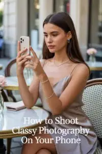 A stylish woman in a satin slip dress sits at a chic caf&eacute;, holding her phone to take a photo, demonstrating a clean and elegant classy photography aesthetic that can be captured on any smartphone.