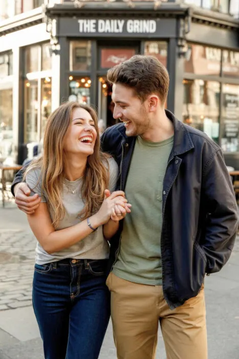 Casual couple photography – laughing in front of a local spot – fun & candid couple photo pose