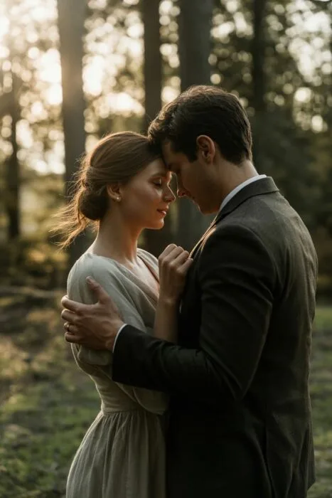 Romantic moody elopement photography at golden hour featuring a couple touching foreheads, soft backlight, and warm cinematic tones for timeless wedding inspiration.