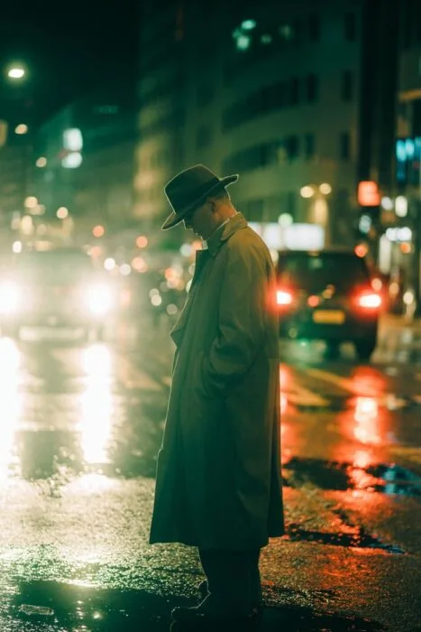 Moody cinematic portrait photography with film aesthetic &mdash; person in trench coat framed by city lights, bokeh, and reflections in an atmospheric urban street scene.