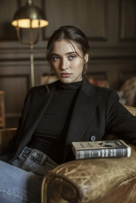 Moody editorial photography portrait of a woman in a minimalist dark outfit, standing against a textured dark background with dramatic window light and deep shadows creating a cinematic look.