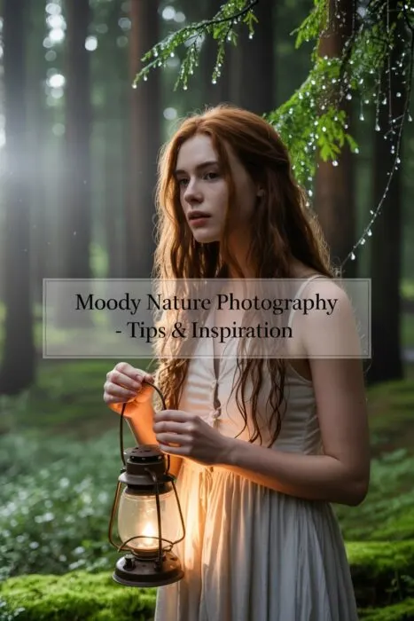 Woman in a flowing white dress holding a lantern in a dark forest, moody nature photography style with soft golden light filtering through the trees.