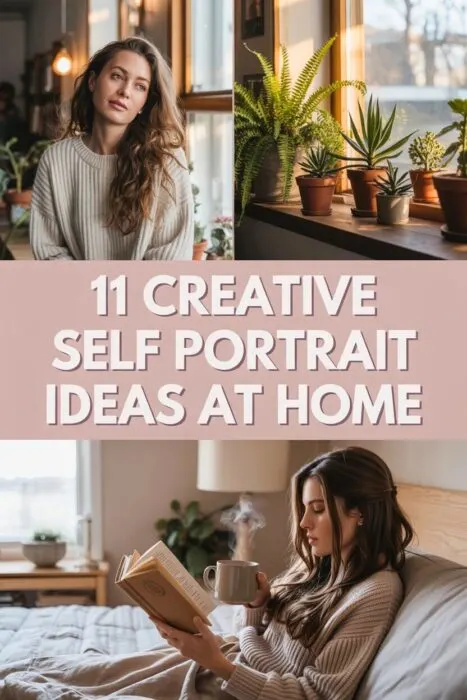 Collage of self portrait photography ideas at home with natural light, cozy props, and casual styling &mdash; perfect inspiration for simple self portrait photoshoot setups.