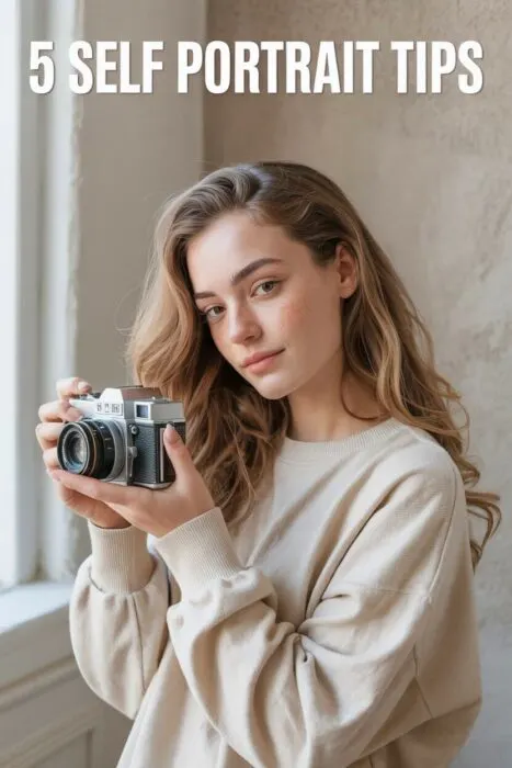 Casual self portrait photography setup with woman holding camera near a window in soft natural light &mdash; ideal for simple self portrait photoshoot ideas.