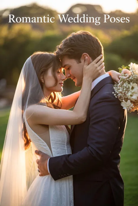Bride and groom in an intimate embrace at sunset, with the bride’s veil glowing in golden backlight, holding a bouquet of soft blush and white flowers — romantic wedding photography pose idea.
