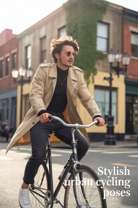 Casual male rider pedaling past textured brick wall, candid side view.