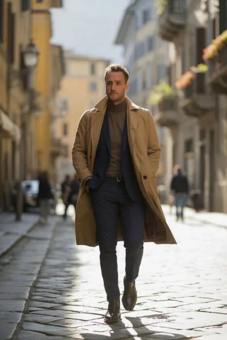Stylish man walking through a cobbled street with hands in pocket.