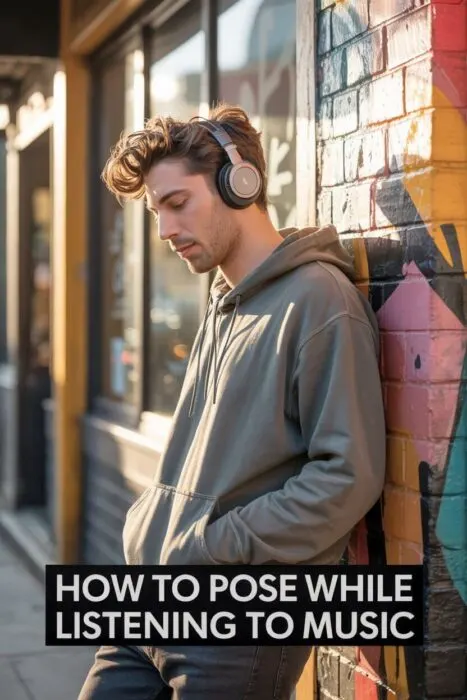 Stylish man wearing headphones leaning against textured wall, eyes closed, enjoying music