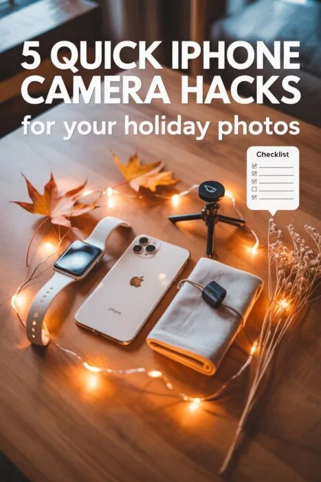 Flat lay of iPhone, smartwatch, and tripod with autumn leaves and fairy lights &ndash; text overlay &lsquo;5 quick iPhone camera hacks for your holiday photos&rsquo; checklist style.