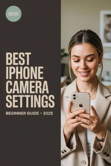 A woman smiling while holding her iPhone, with a bold text overlay reading &lsquo;Best iPhone Camera Settings &bull; Beginner Guide 2025.&rsquo; The pin promotes a guide to the best iPhone camera settings for sharper, more professional photos.