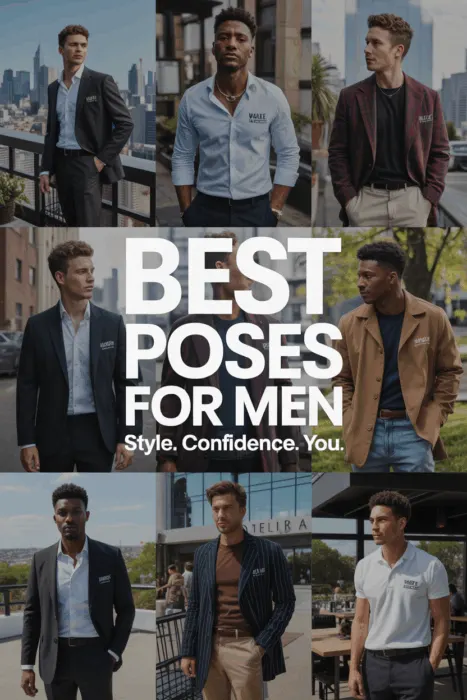 Best poses for men: multiple stylish men posing in suits and casual outfits in outdoor urban and natural settings, showcasing fashion and confidence.