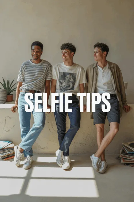 Casual selfie poses for guys: three young men in casual clothing laughing and posing together indoors in natural light.