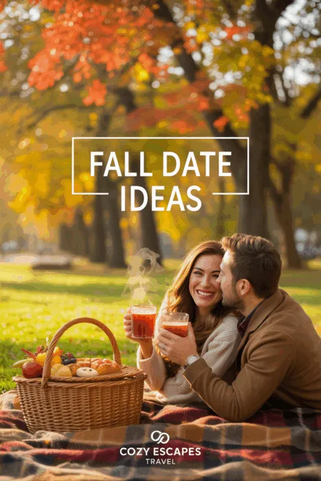 Autumn picnic scene with a couple on a blanket, fall leaves, warm drinks, and trees in fall colors.
