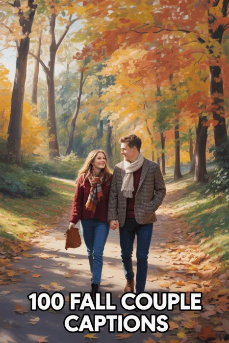 Romantic couple dressed in fall attire strolling through autumn leaves with text '100 Fall Couple Captions'.