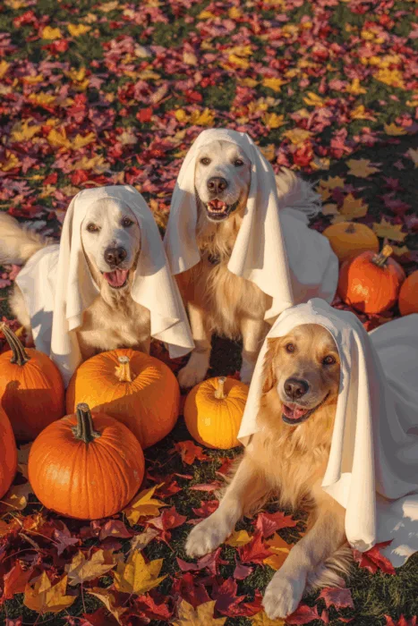 Cute Halloween dog photoshoot with dogs in ghost outfits surrounded by fall decor and pumpkins.