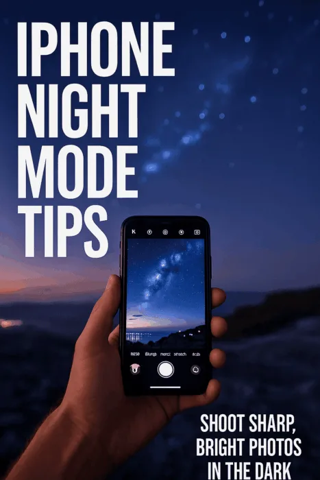 iPhone Night Mode tips pin with a starry sky background and bold white text showing how to take sharp, bright photos in low light.