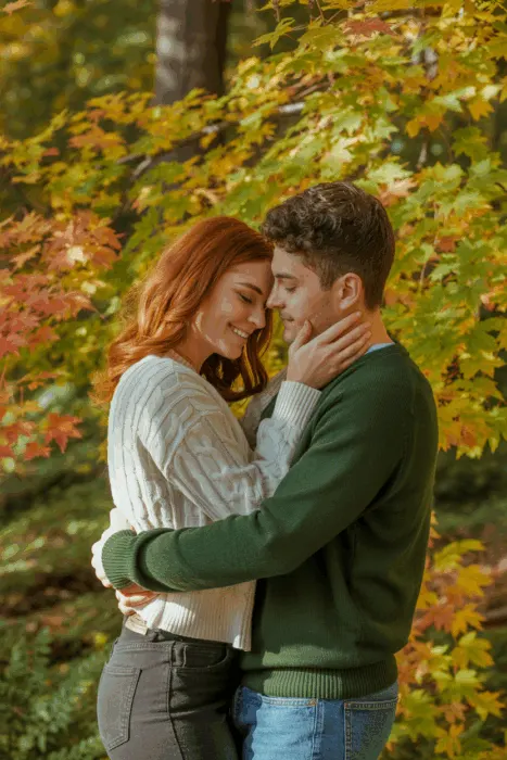 Fall couple photo in cozy park setting with vibrant leaves, pumpkins, and rustic backdrop during golden hour.