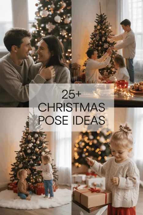 Collage showing cozy Christmas photo ideas &mdash; a couple hugging beside a Christmas tree, family decorating together, kids laughing near a fireplace, and close-up ornaments glowing under warm lights. Perfect visual inspiration for Christmas poses for couples, families, and kids.