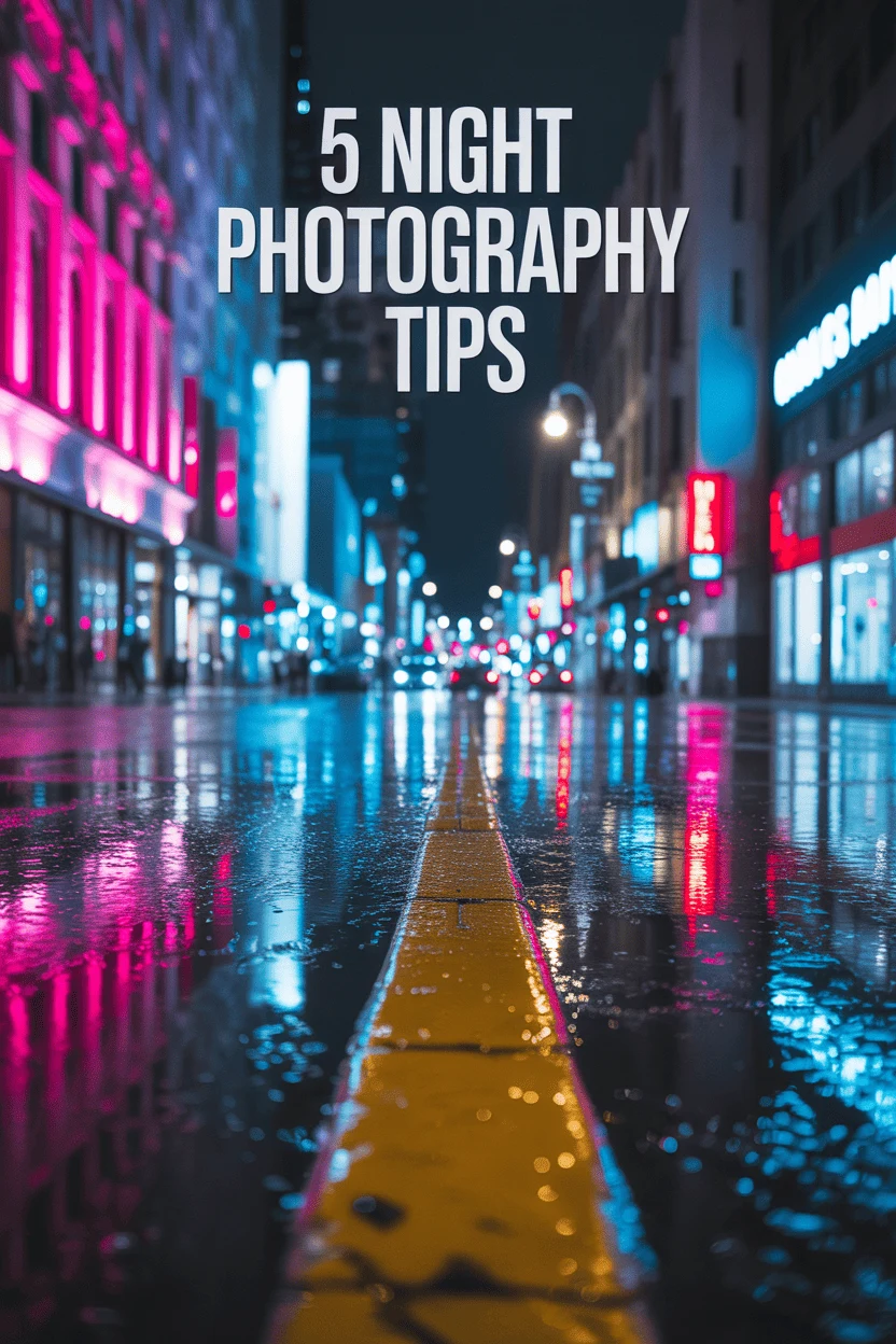A cinematic neon city street at night with reflections on wet pavement, fog in the distance, and white text overlay reading &ldquo;5 Night Photography Tips&rdquo; &mdash; promoting beginner night photography ideas, poses, and aesthetic portrait inspiration.