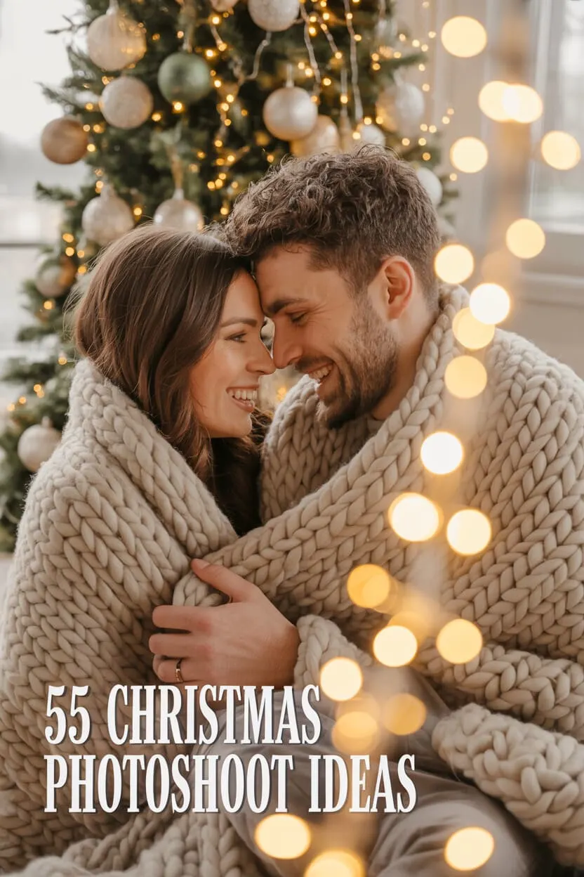 A couple wrapped in a beige chunky knit blanket, laughing together in front of a glowing Christmas tree with soft golden fairy lights &mdash; a cozy Christmas photoshoot scene that captures warmth and love.