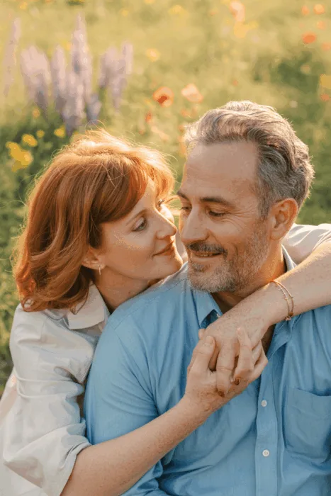 Candid photo of a middle-aged couple hugging outdoors with natural light and warm expressions.