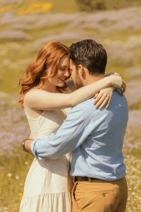 Romantic lifestyle photo of a couple embracing in natural outdoor light with a cozy, candid feel.